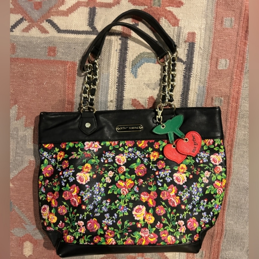 Betsey Johnson Black Floral Tote with Cherry Charm
